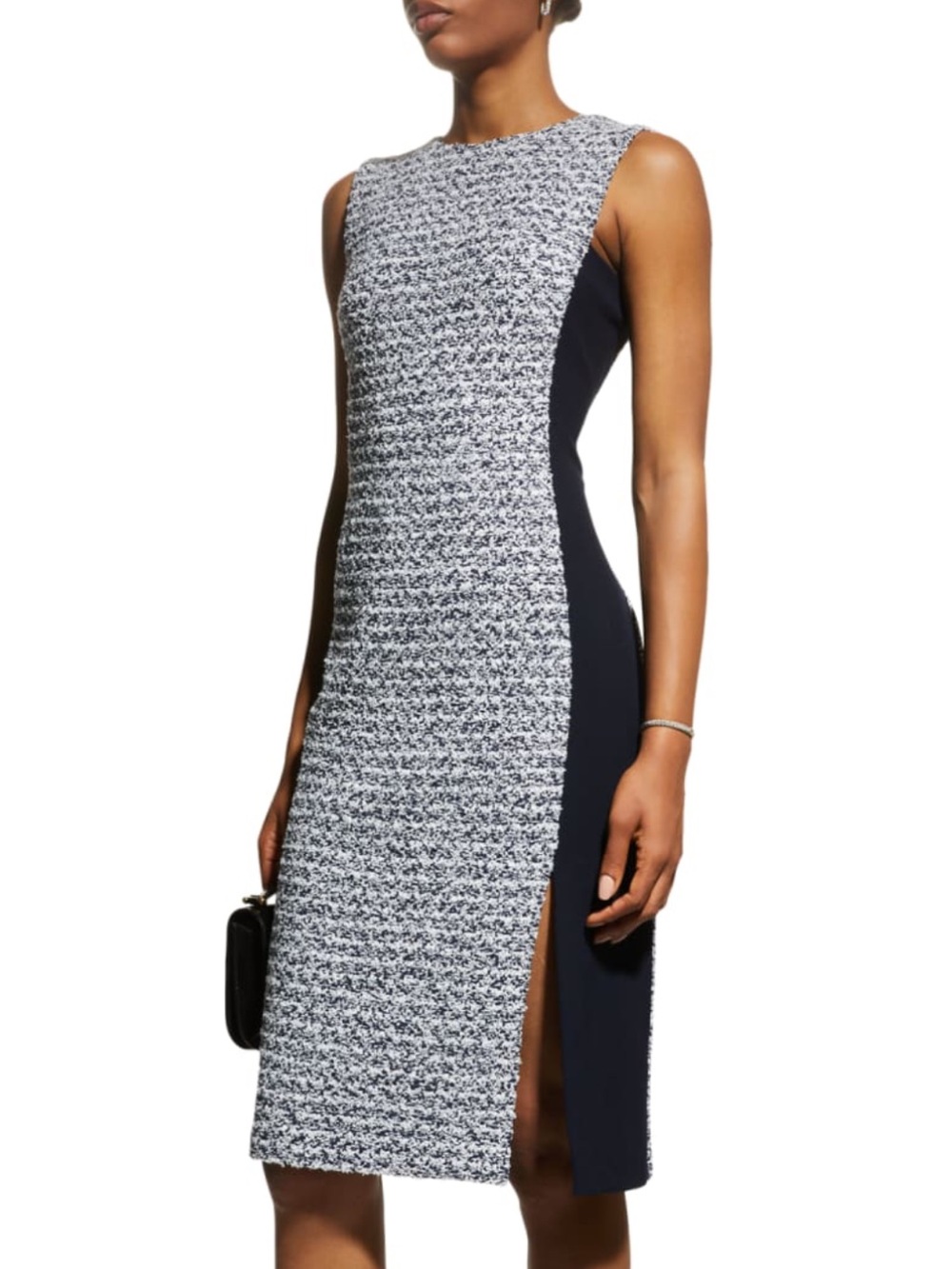 St. John Crepe Panels Tweed Knit Dress Black White US 2